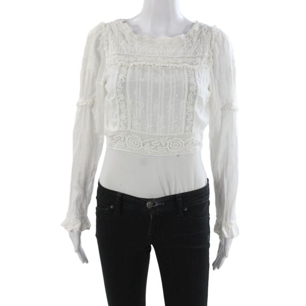 Love Shack Fancy Women Cropped White Cotton Blouse Long Sleeve Size 2